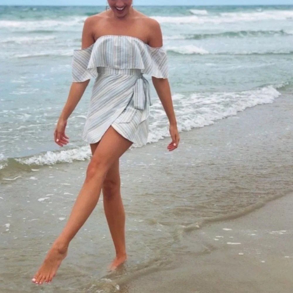 Superdown | Revolve Striped Multicolor Off Shoulder Wrap Mini Dress